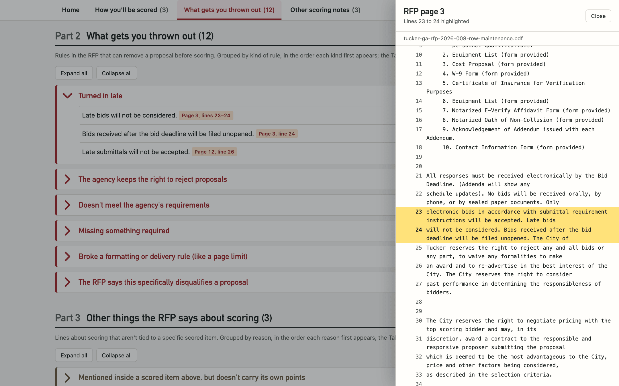 The What gets you thrown out tab, with Turned in late expanded. Clicking the chip Page 3, lines 23–24 has opened the RFP's page 3 in a sidebar, with those two lines highlighted in yellow.